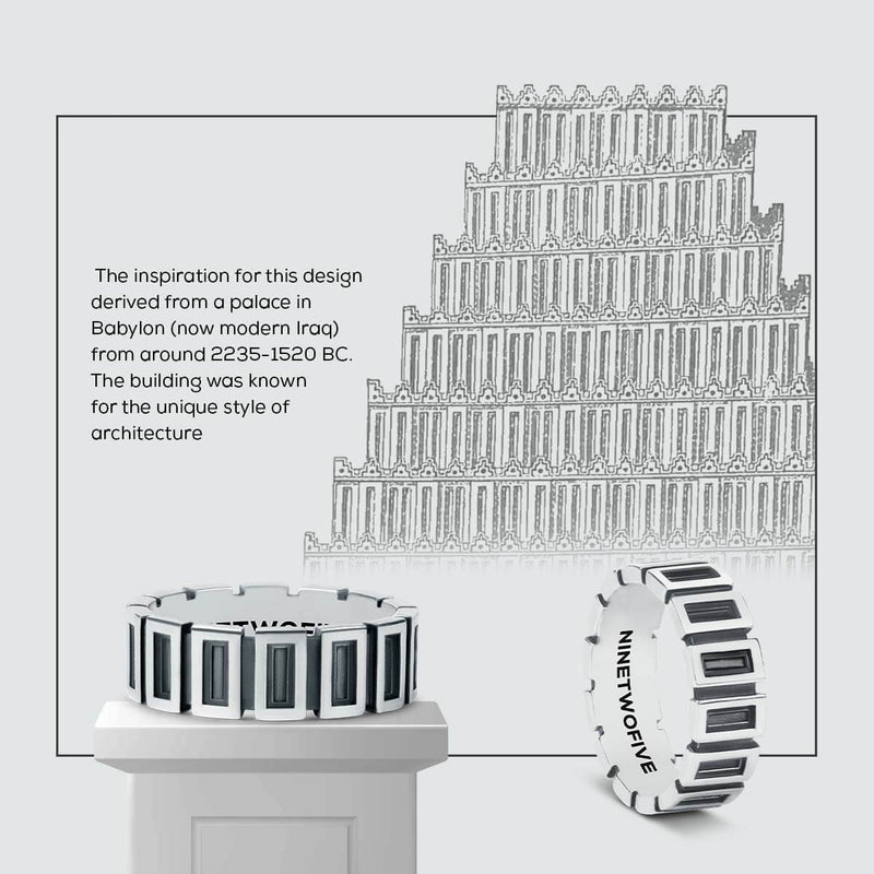 Een advertentie voor een Yardan geoxideerde sterling zilveren heren ring met een uniek design.
