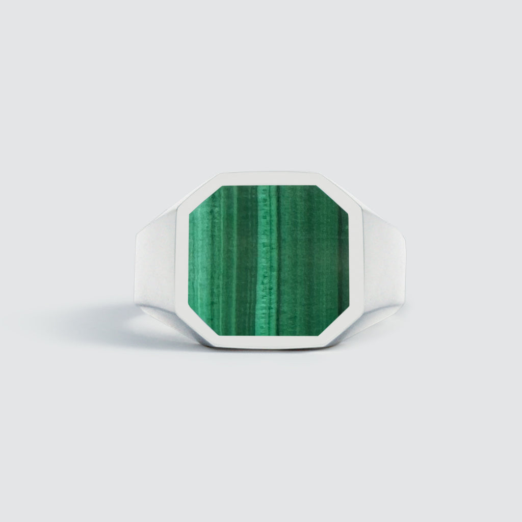 A mens Zaid - Sterling Silver Malachite Signet Ring 13mm featuring an engraved emerald stone on a white background.