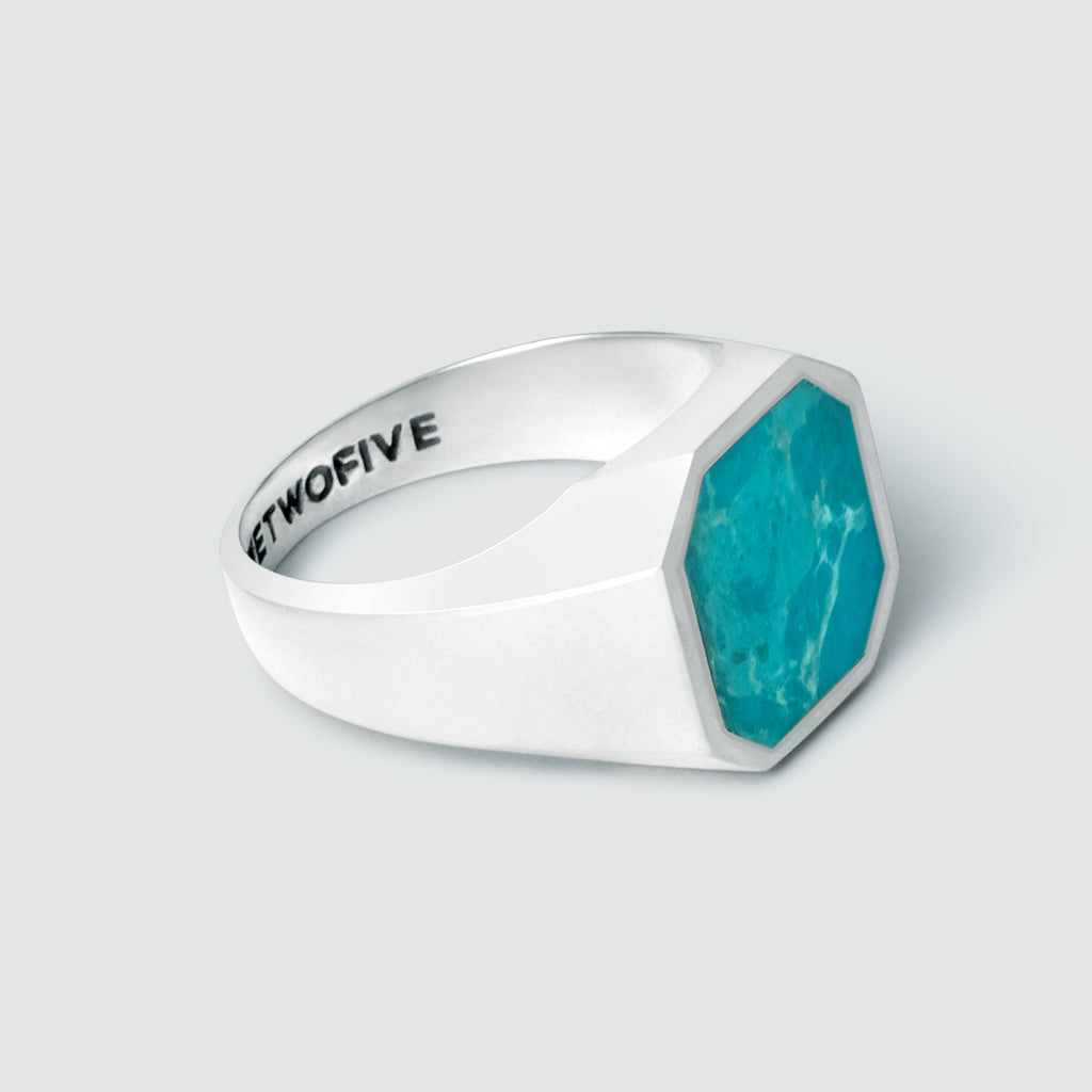 The Nuri - Sterling Silver Blue Turquoise Signet Ring 13mm on a white background.